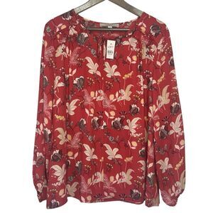 LOFT Floral Blouse Womens Large Split Neck Tie Long Sleeve Ruffle Trim Top